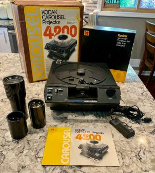 Vintage Kodak Carousel Slide Projector 4200,  Tray,  Remote,  3 Lenses