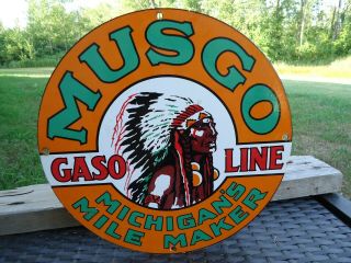 Vintage Old Musgo Gasoline Porcelain Gas Station Motor Oil Michigan Mile Sign