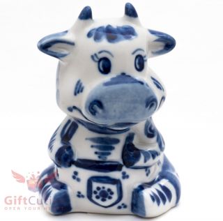 Happy Cow Bull Gavrusha Cartoon Russian Collectible Gzhel Porcelain Figurine