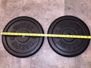 2 Vintage 25 LB Weider Barbell Weight Plates Standard 1” Hole Dumbbells Pair 2