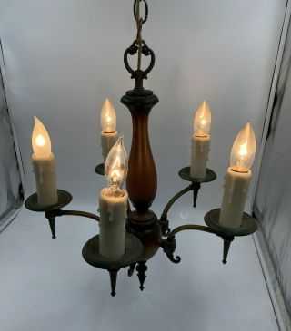 Vintage Mid - Century Wood / Metal 5 - Light Candle Style Chandelier Swag Lamp