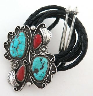 Large Vintage Sterling Silver With Turquoise And Coral Ornate Bolo Tie