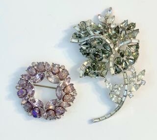 Vintage Crown Trifari Rhinestone Circle & Leaf Brooch Pins
