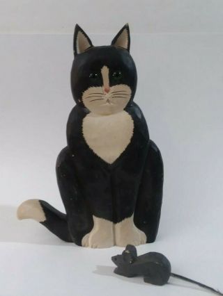 Wooden Folk Art Painted Wood Black White Cat And Mouse Figurine Carolyn Davies