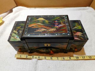 Vintage Japanese Music Jewelry Box Lacquered Hand Painted Wood Scene C - 1940s