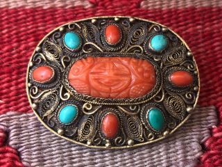 A,  Vintage Coral Turquoise & Gilt Silver Asian Chinese Pin Brooch