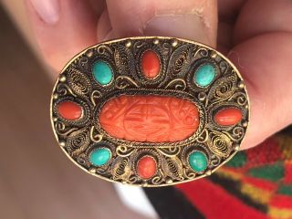 A,  Vintage Coral Turquoise & Gilt Silver Asian Chinese Pin Brooch 2