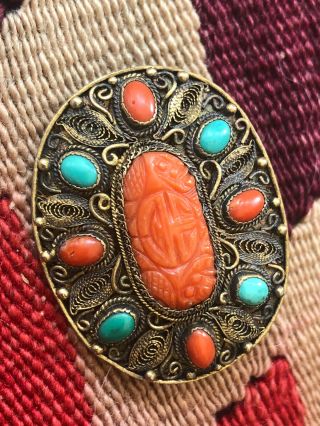 A,  Vintage Coral Turquoise & Gilt Silver Asian Chinese Pin Brooch 3