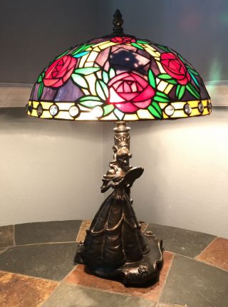 Rare “belle” Lamp Beauty And The Beast Tiffany Style Lamp With Glass Roses Shade