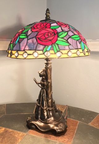 Rare “Belle” Lamp Beauty And The Beast Tiffany Style Lamp With Glass Roses Shade 2