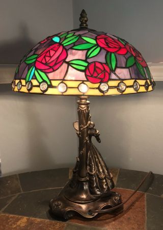 Rare “Belle” Lamp Beauty And The Beast Tiffany Style Lamp With Glass Roses Shade 3
