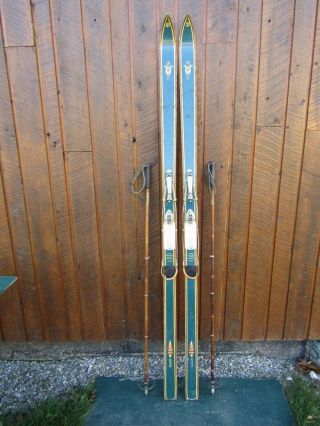 Vintage Wooden Hickory 85 " Skis With Cable Metal Bindings With Bamboo Poles