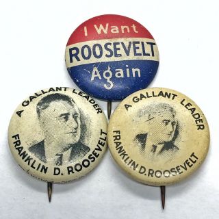 3 Authentic Antique Franklin D Roosevelt Political Pins - 1936 President Usa Old