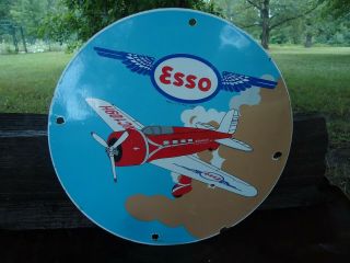 Old Vintage 1050s Esso Aviation Motor Oil Porcelain Gas Pump Sign Aero Airplane
