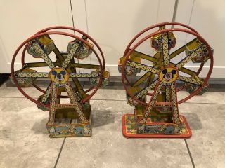 2x Rare 1950s J Chein & Co Mickey Mouse Disney Ferris Wheel Wind Up Tin Litho