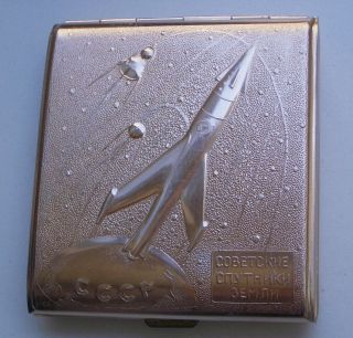 Ussr Metal Cigarette Case Holder Soviet Satellites Space Program Rocket