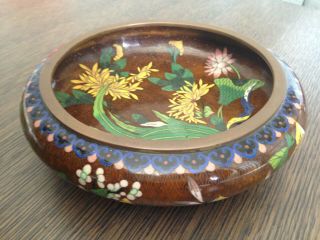 Antique Vintage Chinese Cloisonne Bronze Enamel Brass Bowl Chrysanthemum Flowers