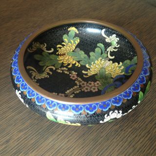Antique Vintage Chinese Cloisonne Black Enamel Brass Bowl Chrysanthemum Flowers
