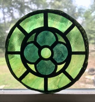 Early Antique Salvaged Stained Glass Green W/blue Flower,  4 - 5/8”circle