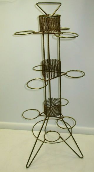 Vintage Atomic 3 - Tier Gold Metal Wire Plant Stand 9 Holders Mid Century 3 - Leg