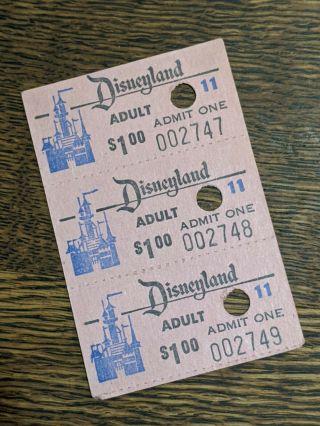 Three Very Rare Vintage Disneyland $1.  00 Admit One Adult Tickets From 1950 