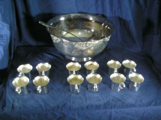 Vintage Wallace Silver Plate Harvest Punch Bowl With 12 Matching Cups And Ladle