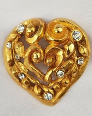 Vintage Christian Lacroix Gold Tone Huge Heart Clear Rhinestones Pin Brooch