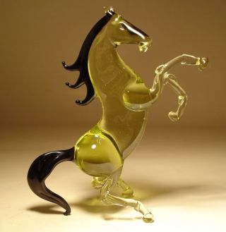 Blown Glass Figurine " Murano " Animal Rearing Amber Horse With Black Mane & Tail
