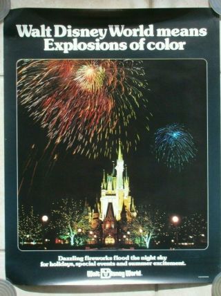 Walt Disney World Vintage 1976 Poster Fireworks Cinderella Castle Mickey Mouse