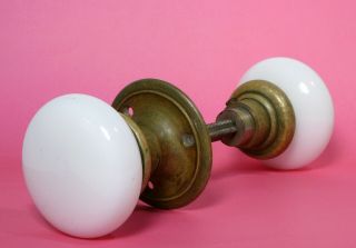 Vintage Pair White Glass Ceramic Door Knobs W/ Brass Rosette 2 " Square Spindle