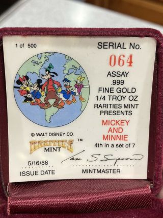 Disney Around The World 1988 - Mickey And Minnie 1/4 Oz Gold Coin One Of 500