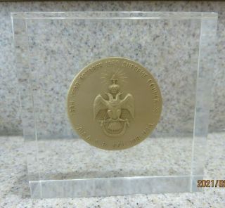 1969 33rd Degree Supreme Council Bronze Masonic Medal In Lucite Paperweight