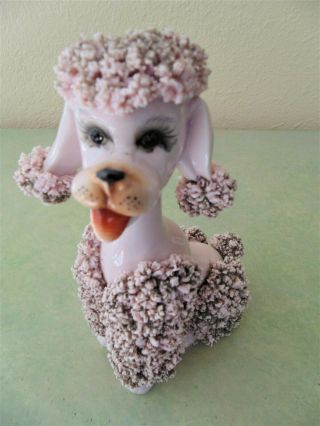 Retro Vtg Pink Poodle Dog Figurine Spaghetti Porcelain Glitter Glass Eyes Big 7 "