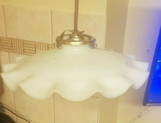 Vintage French Ceiling Shade,  White Milk Glass And Brass Griffe