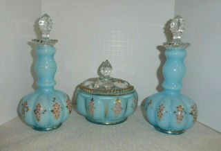 Vintage Fenton Charleton Hand Painted Dresser Set Perfume Bottles & Powder Jar