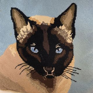 Siamese Cat Portrait Vintage Needlepoint Open Back Pillowcase 13” Blue Eyes