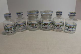 Antique Vintage Clear Glass Vanity Apothecary Jars W/ Hand Painted Set Of 6