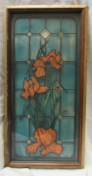 Antique Or Vintage Stained Glass Window 23 " X 11.  5 " Orchid In Wood Frame