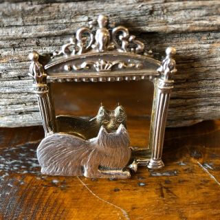 Large Vintage Mexico 925 Sterling Silver Ornate Mirror Cat Reflection Brooch