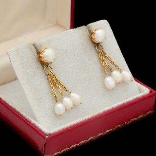 Antique Vintage Art Nouveau 14k Gold Freshwater Pearl Lustrous Dangle Earrings