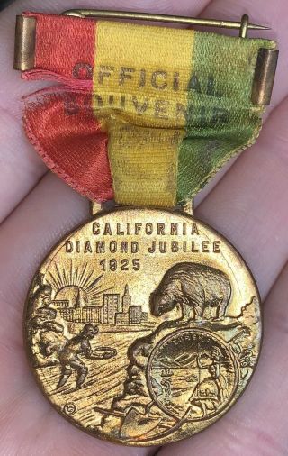 Vintage 1925 California Diamond Jubilee Official Souvenir Medal Ribbon Pin W&h