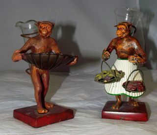 Vintage Petites Choses Pair Monkeys Servants Grapes,  Palm Fronds Bud Vases Rare