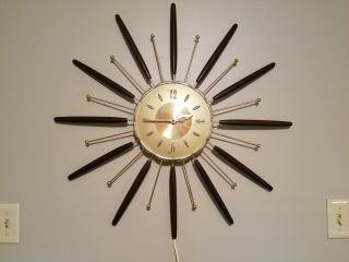 Large Mid Century Modern,  Vintage,  Retro Metal,  Wood Wall Clock 27 " Spoke,  Burst