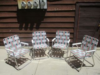 Vtg Sunbeam Aluminum Webbed Woven Folding Lawn Patio Chair Multi - Color Set Of 4