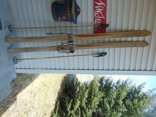 Vintage Wooden Skis 76 " Long With Pole / 5868