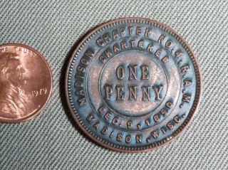Vintage Masonic One Penny Token Coin Madison Wi Chapter No.  4 R.  A.  M.  Dec.  9,  1850