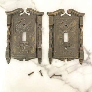 2 Vintage American Tack & Hardware Co Brass Outlet Plate Covers Fyfe Drum 1776