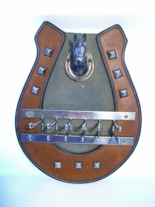 Vintage Metal Studded Horse Shoe Plaque Tie Rack With Metal Horse Head
