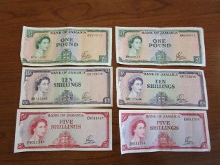 Six Vintage 1960 Bank Of Jamaica Currency Notes Pounds & Shillings Scarce
