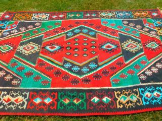 Large Vintage Turkish Navajo Woven Rug 71 " X 114 " Estate Find Red Black Green